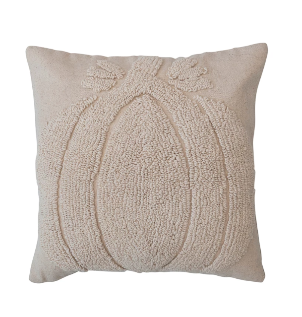 18" Square Cotton Tufted Pillow w/ Pumpkin & Chambray Back, Cream Color