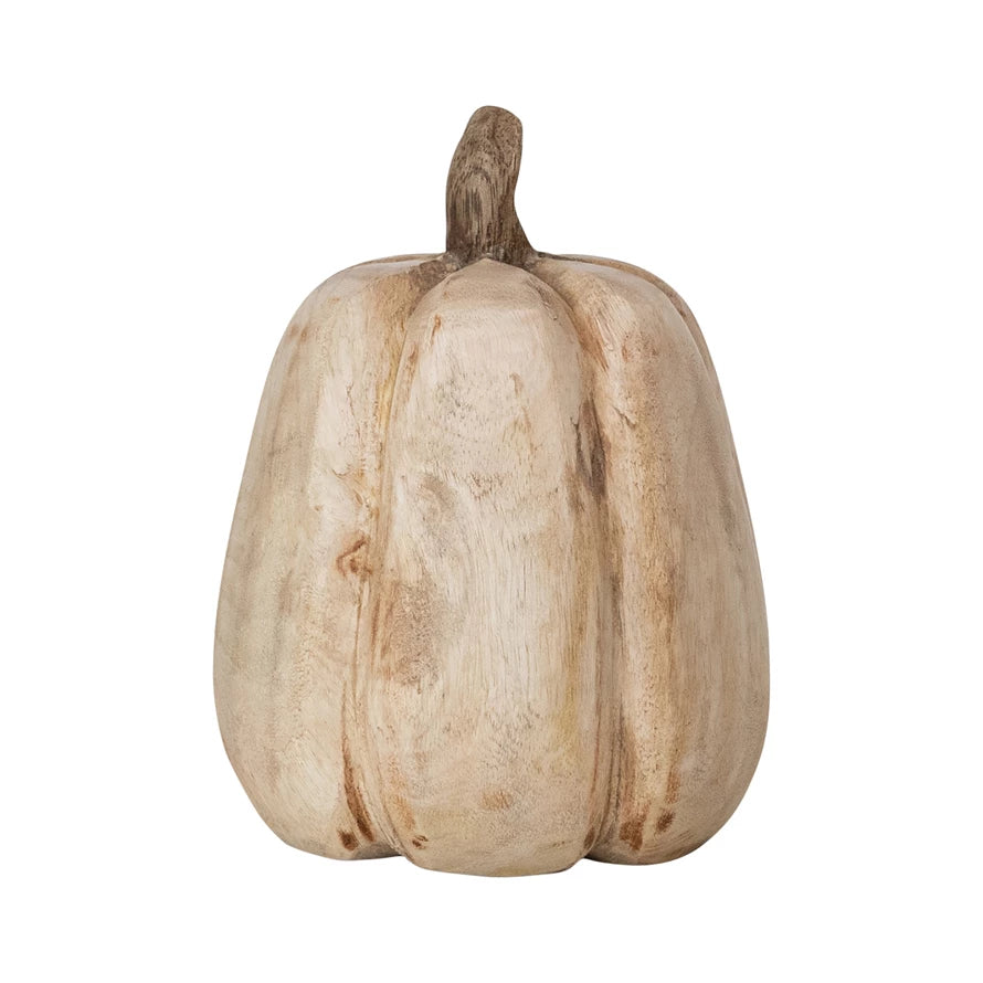 5.25" Round x 7" H Carved Mango Wood Pumpkin, Natural