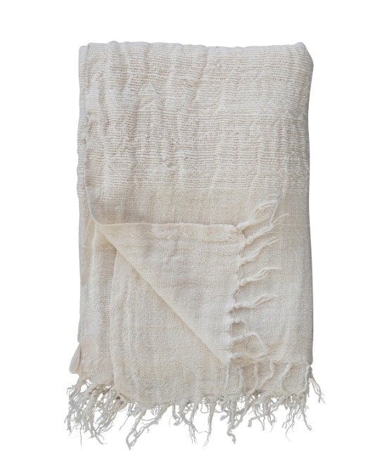 60"L x 50"W Woven Linen Throw with Stripes & Fringe