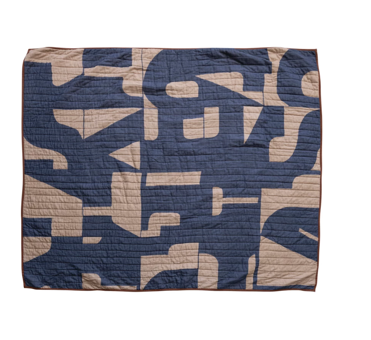 Cotton Quilted Printed Throw w/ Abstract Pattern, Blue & Beige