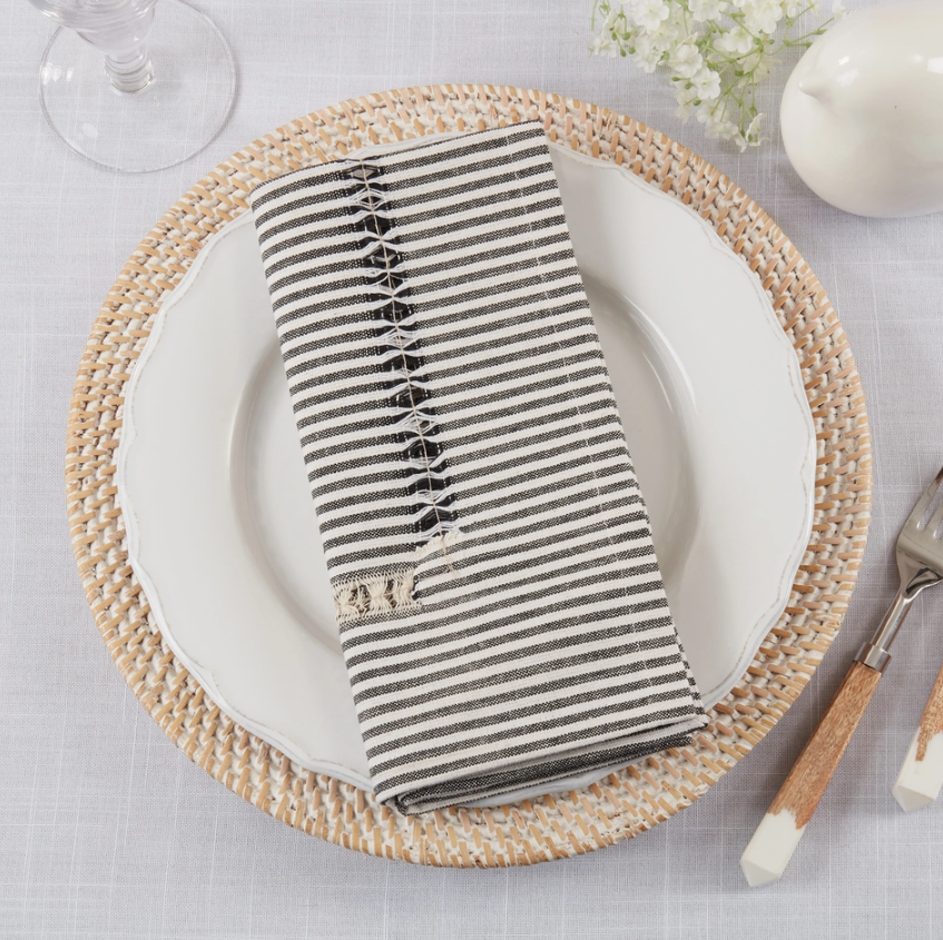 Stripe Hemstitch Napkin, Black + White
