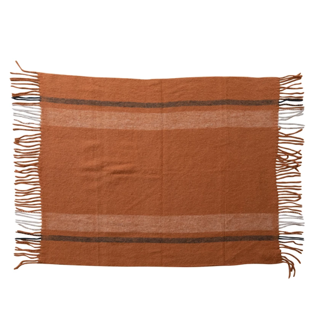 Brushed Acrylic & New Zealand Wool Throw with Stripes & Fringe