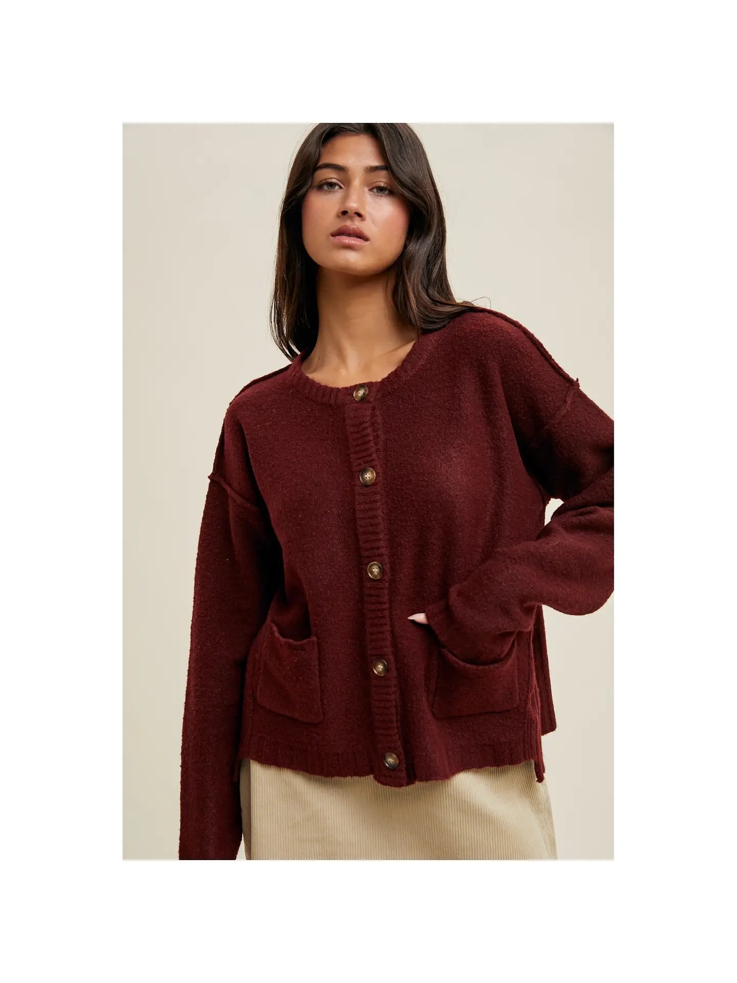 Brushed Button-Up Cardigan - Wine