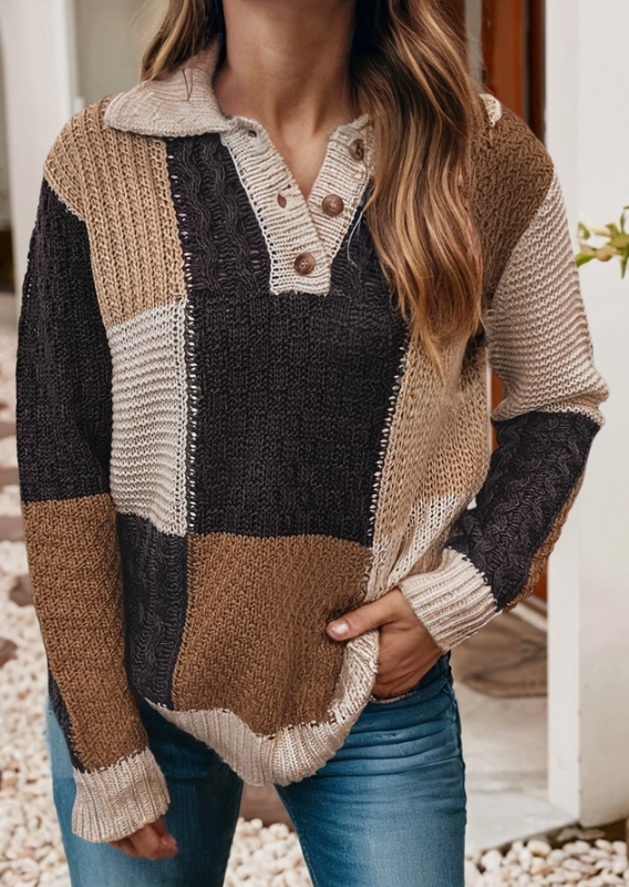 Color Block Cable Knit Collared Sweater
