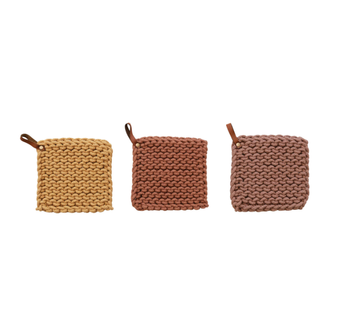 Cotton Crocheted Pot Holder with Leather Loop