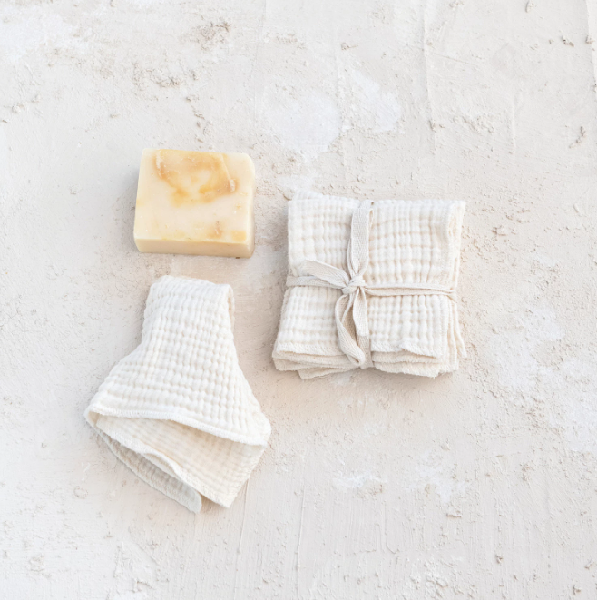 10" Square Cotton Double Cloth Dish Cloths, Natural, Set of 4