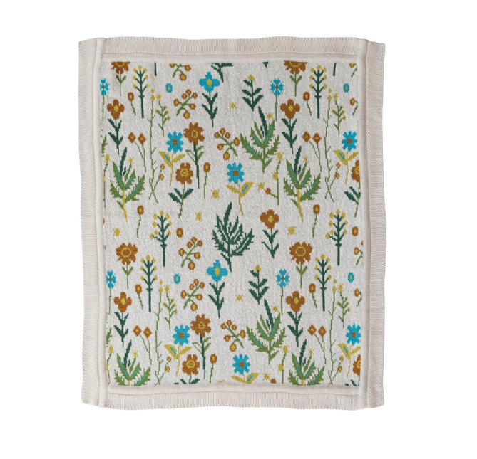 Cotton Knit Baby Blanket with Florals