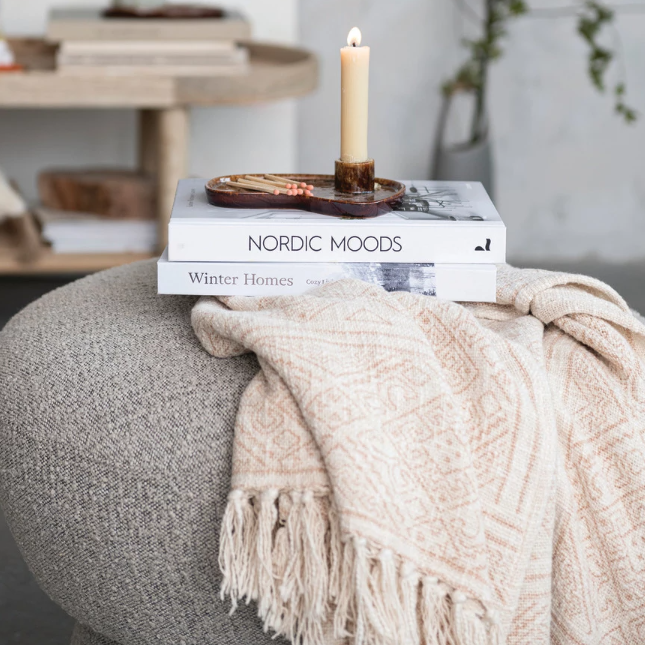 Cotton Slub Printed Throw with Ivory and Putty Pattern