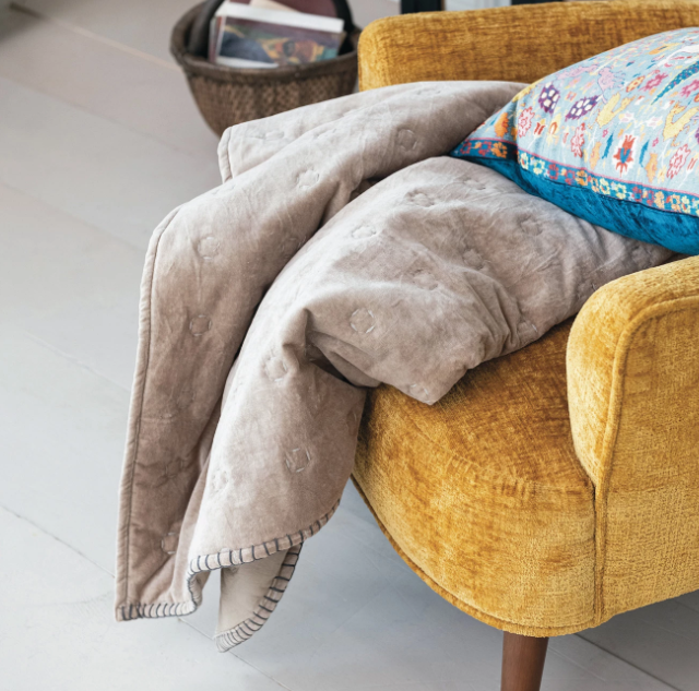 Taupe Cotton Velvet Quilted Throw with Blanket Stitch