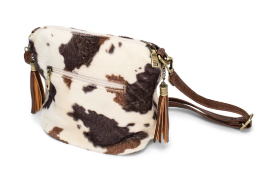 Dylan Cow Print Vegan Crossbody with Side Tassels