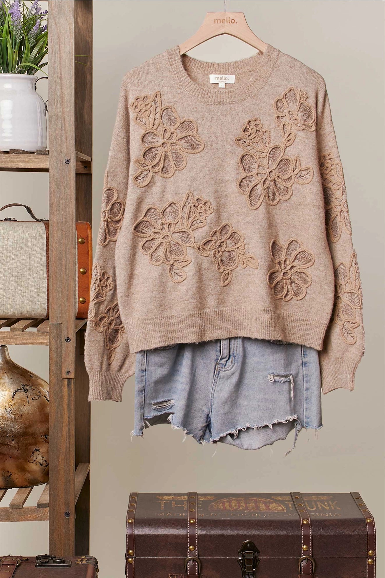 Embroidered Floral Detail Sweater - Beige