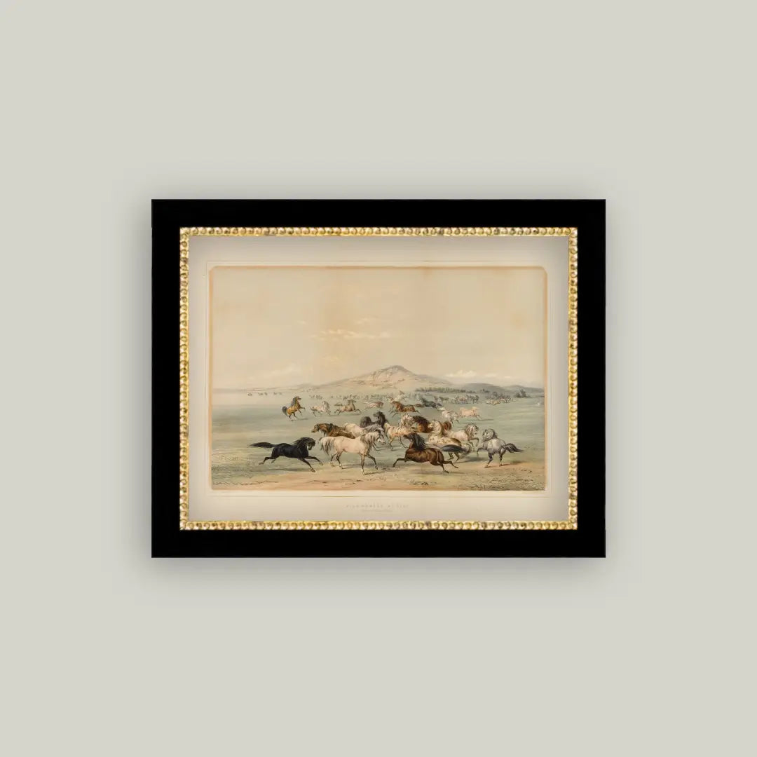 Field Of Horses Framed Antique Art 9x7