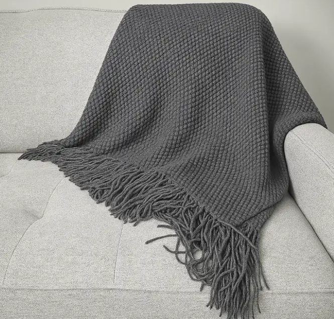 Grey Textured Knit Throw Blanket with Fringe – 50" X 60"