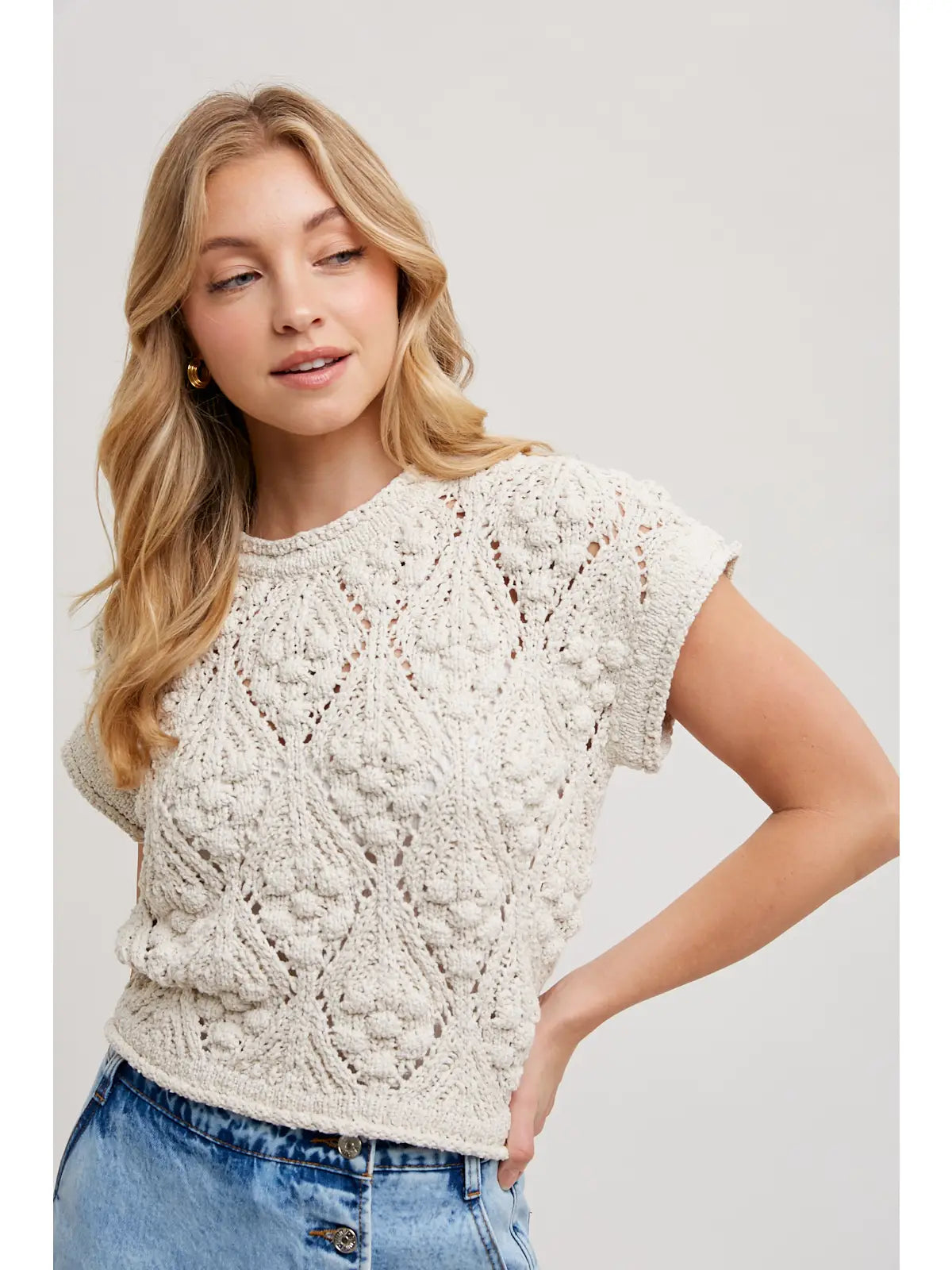 Knit Short Sleeve Pullover Sweater -Natural