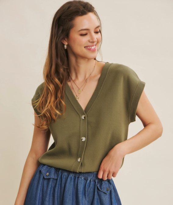 Olive Button-Down Sweater Vest Cardigan