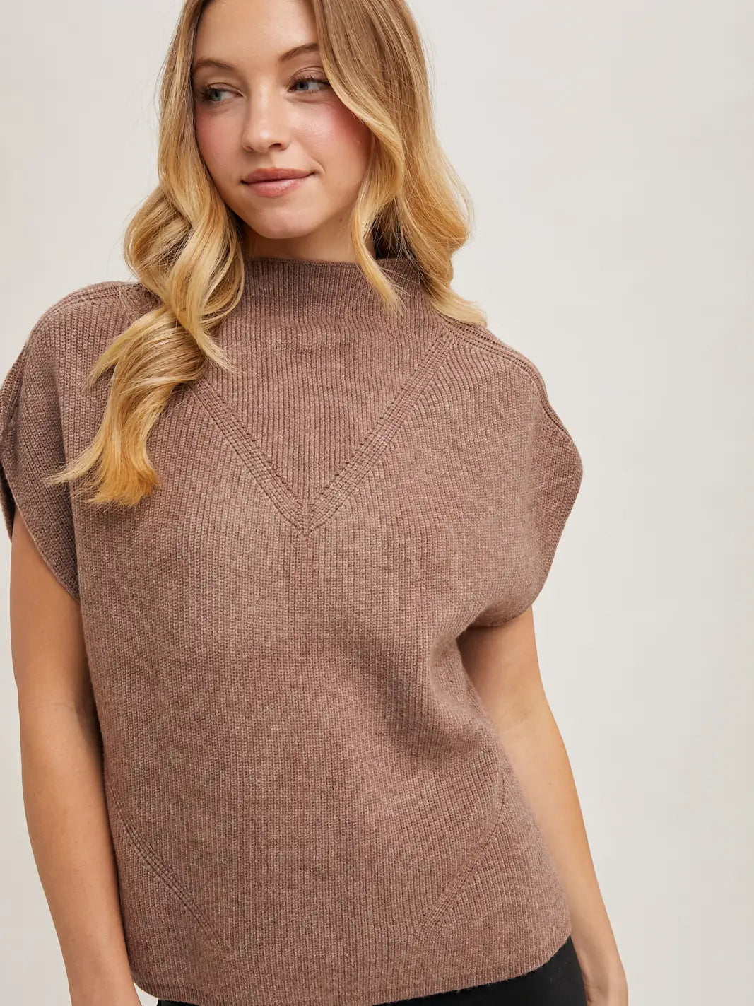 Mock Neck Dolman Short Sleeve Knit Sweater - Mocha