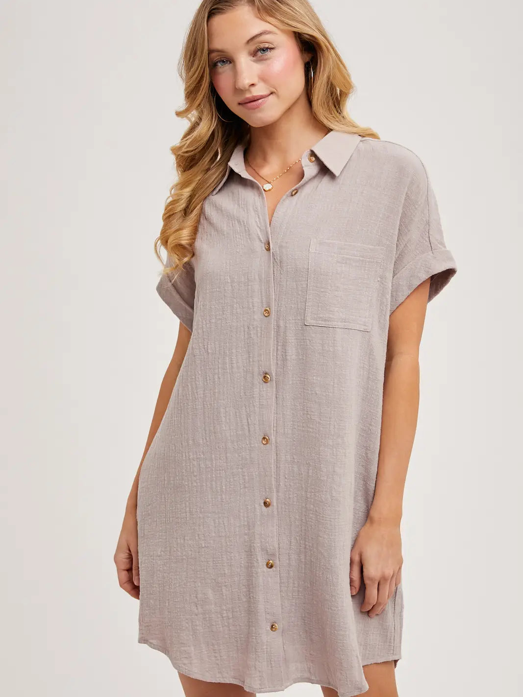 Button Up Shirt Dress with Pockets - Mushroom