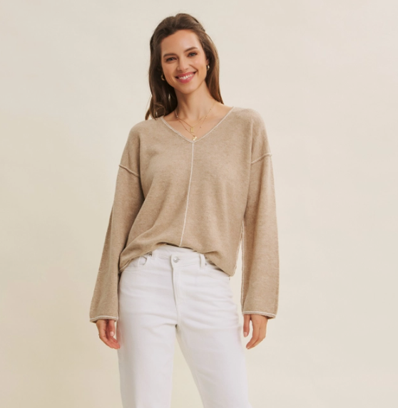 Oatmeal V-Neck Sweater With Contrast Stitch