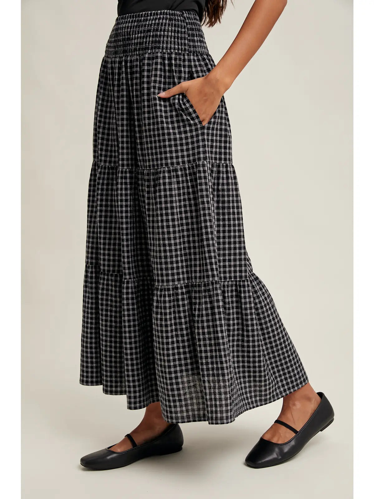 Plaid Tiered Midi Skirt - Black/White