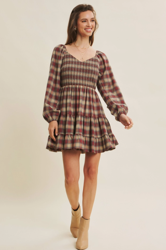Plaid Mini Smocked Dress with Ruffles