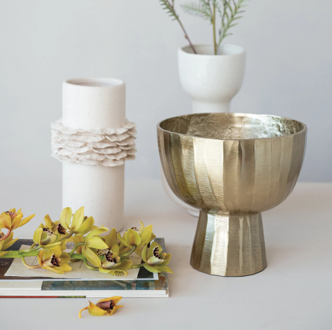 Creased Footed Planter, Gold Finish