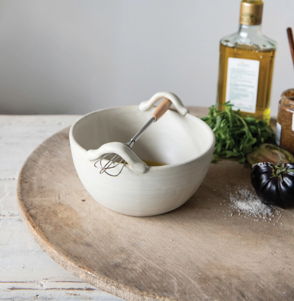 6" Cream Stoneware Bowl with Wood and Metal Whisk