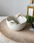 6" Cream Stoneware Bowl with Wood and Metal Whisk