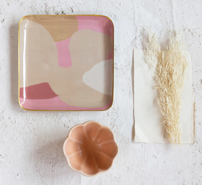 7" Enameled Metal Tray with Abstract Design and a Gold Finish Rim