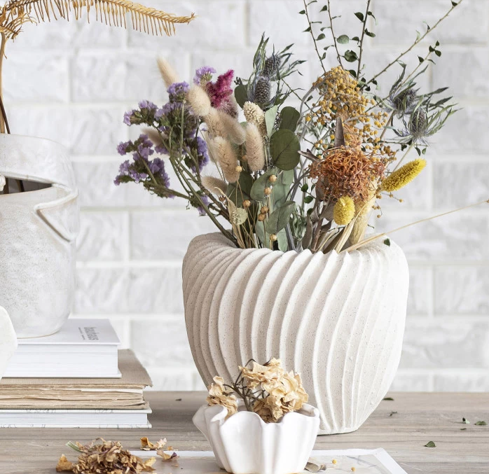 8" Cream Stoneware Pleated Planter