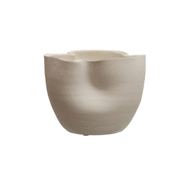 6" White Stoneware Reactive Glaze Ruffled Planter