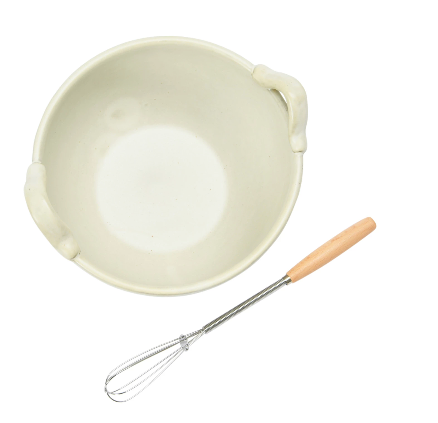 6" Cream Stoneware Bowl with Wood and Metal Whisk