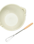 6" Cream Stoneware Bowl with Wood and Metal Whisk