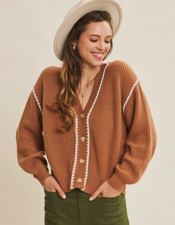 Camel Contrast Stitch Sweater Cardigan