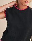 Blanket Stitch Pointelle Sweater Vest, Black Pink