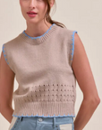 Blanket Stitch Pointelle Sweater Vest, Beige Blue