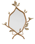 MDF & Metal Twig Framed Standing Mirror with Birds & Leaves, Gold Finish