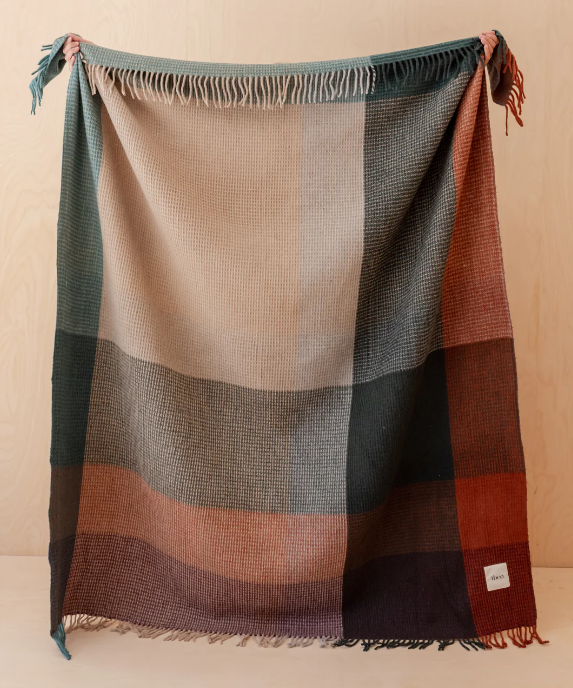 Recycled Wool Blanket in Green Waffle Block Check