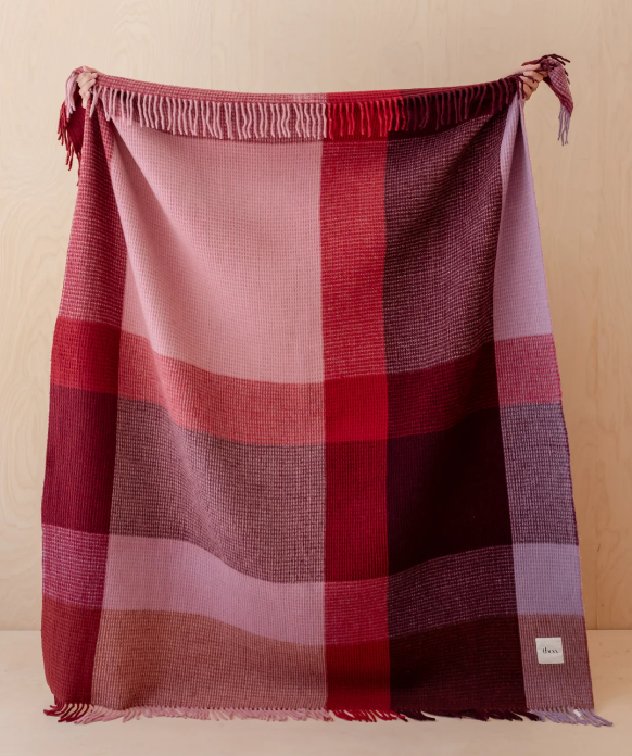 Recycled Wool Blanket in Burgundy Waffle Block Check