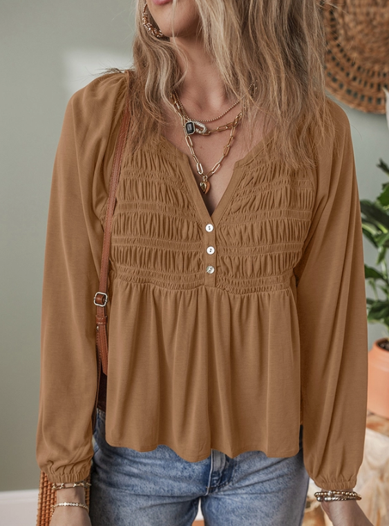 Cinnamon Smocked V-Neck Flow Fit Blouse