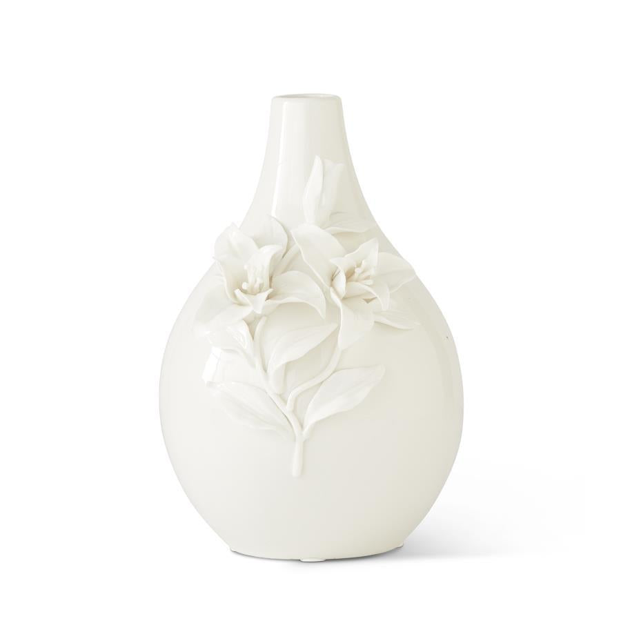 10.5 Inch White Ceramic Handcrafted Lily Bottle Neck