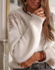 Elegant Ecru Pearls Shoulder Patchwork Knit Sweater