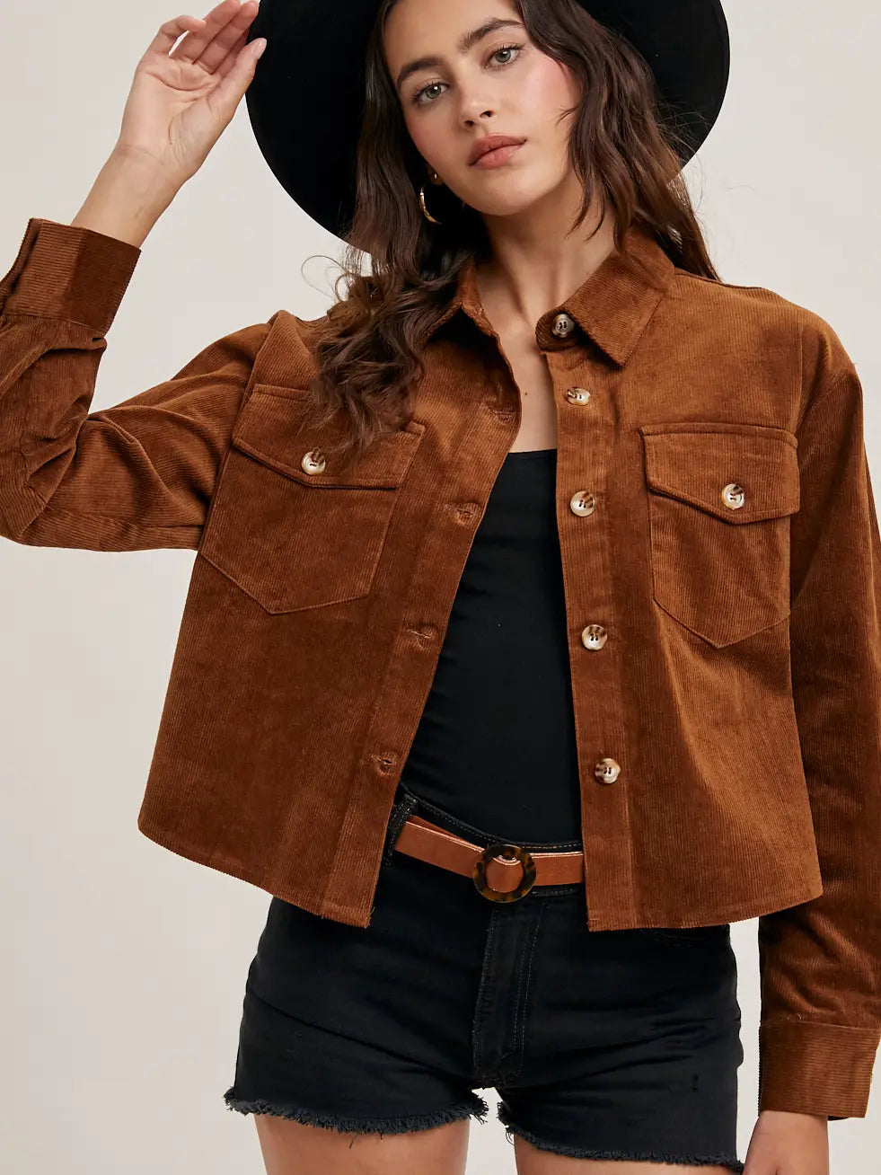 Corduroy Cropped Button Down Shirt Jacket - Camel