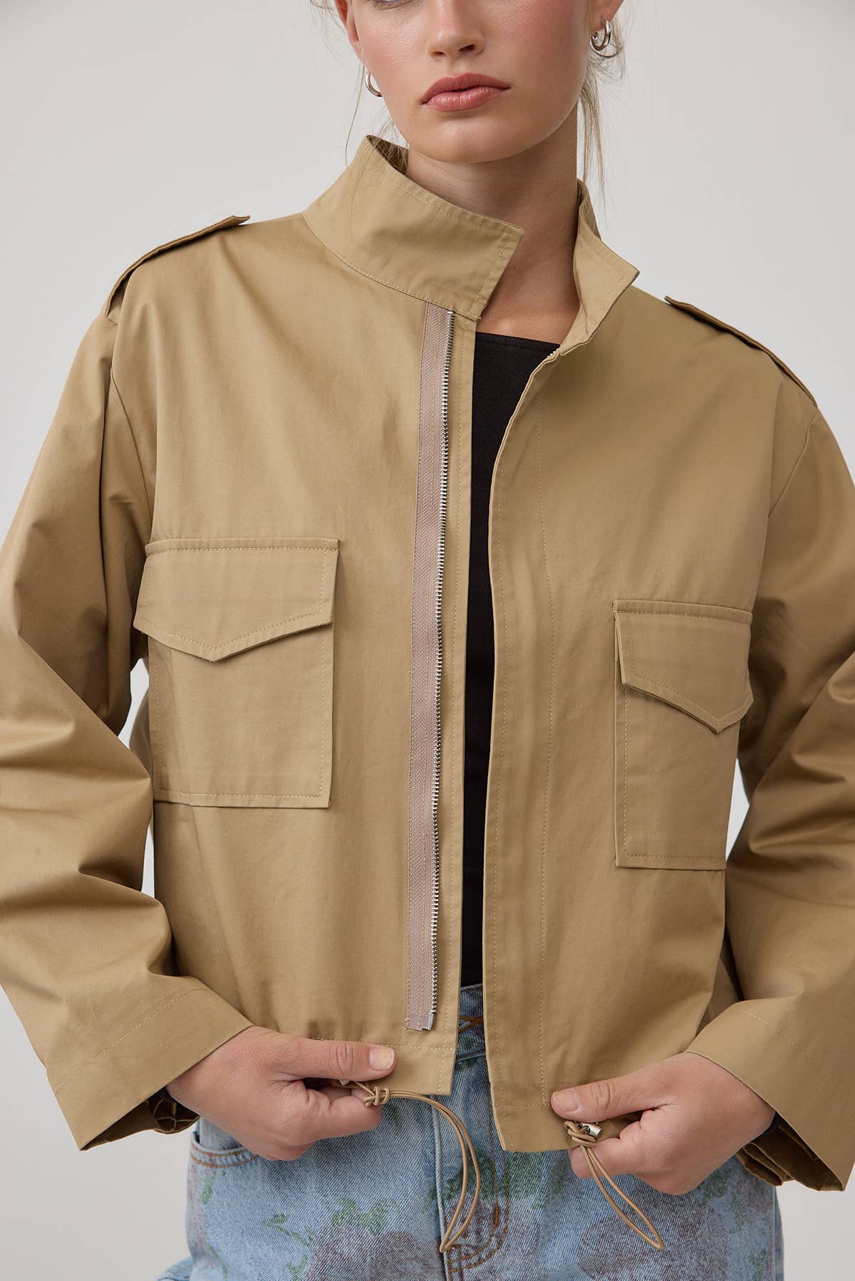 Cropped Utility Jacket with Stand Collar