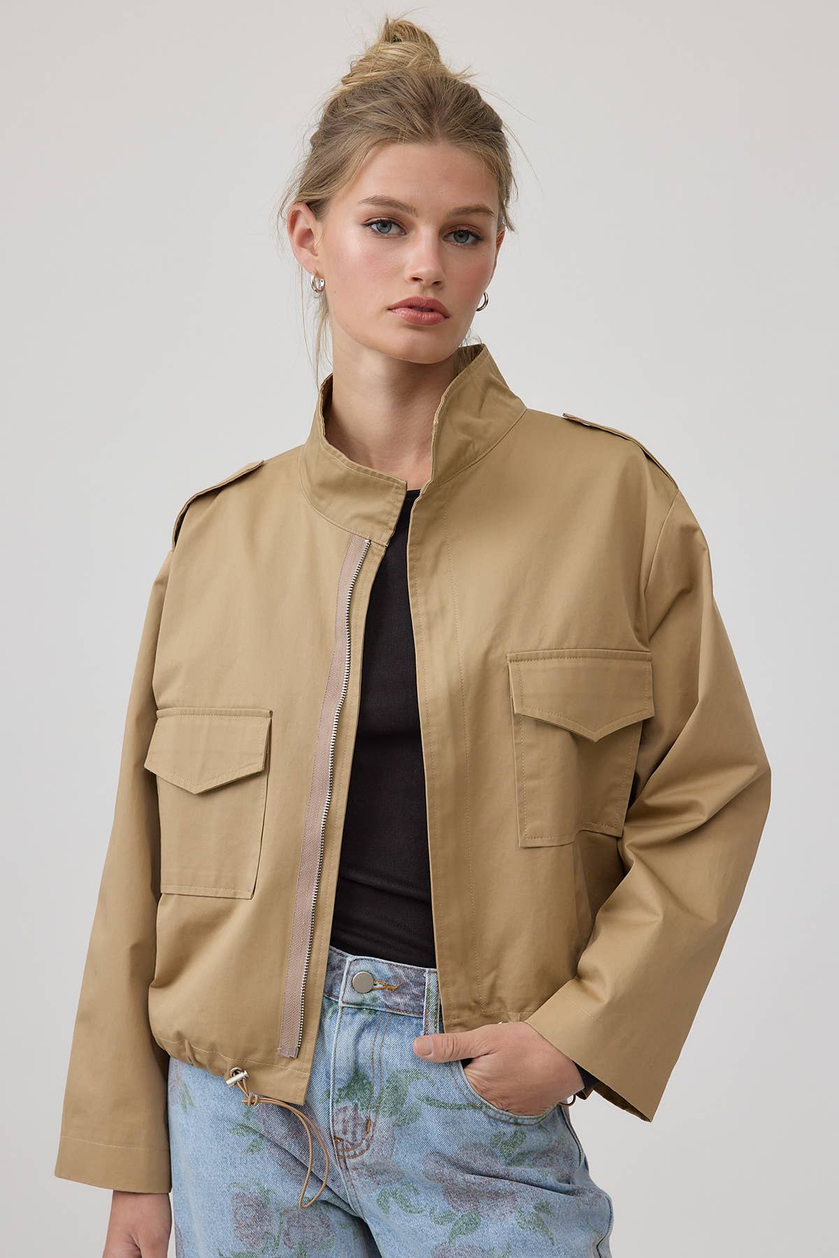 Cropped Utility Jacket with Stand Collar