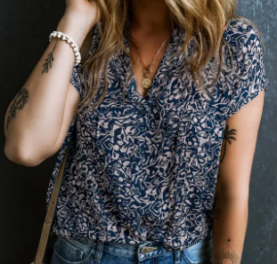 Navy Abstract Print Buttoned V Neck Short Sleeve Blouse