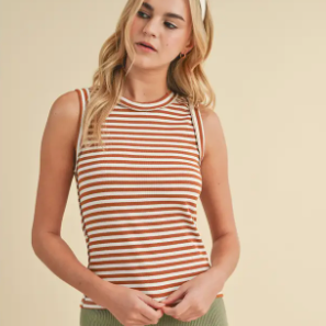 Striped Ribbed Knit Tank - Berry/Natural