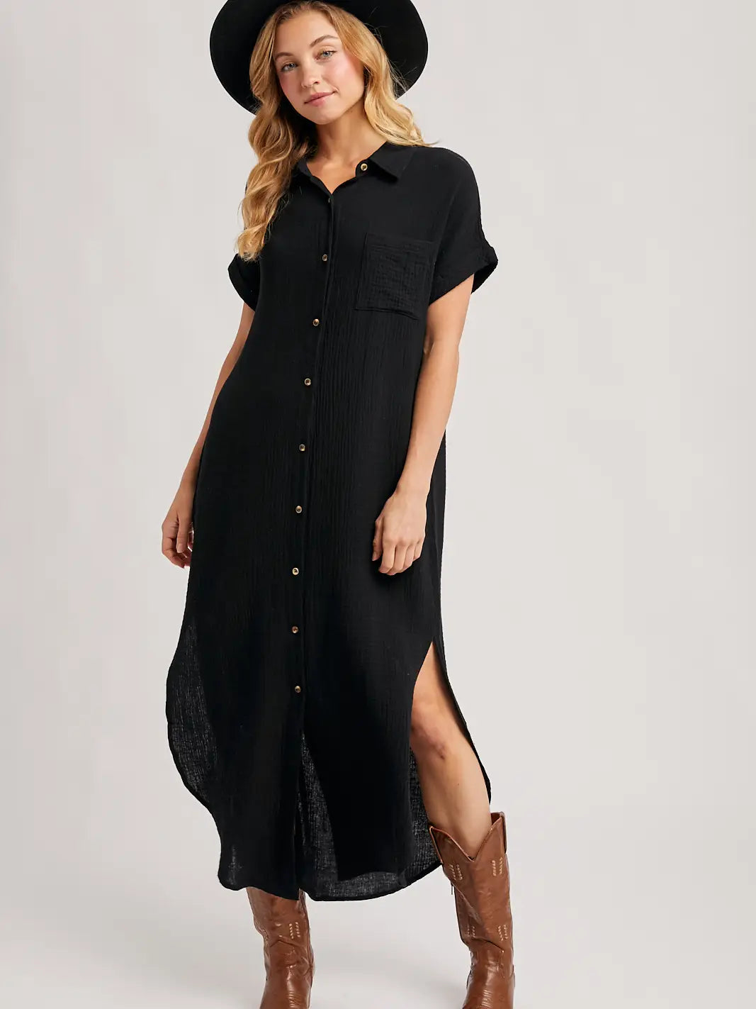 Button Up Maxi Shirt Dress with Pocket - Black
