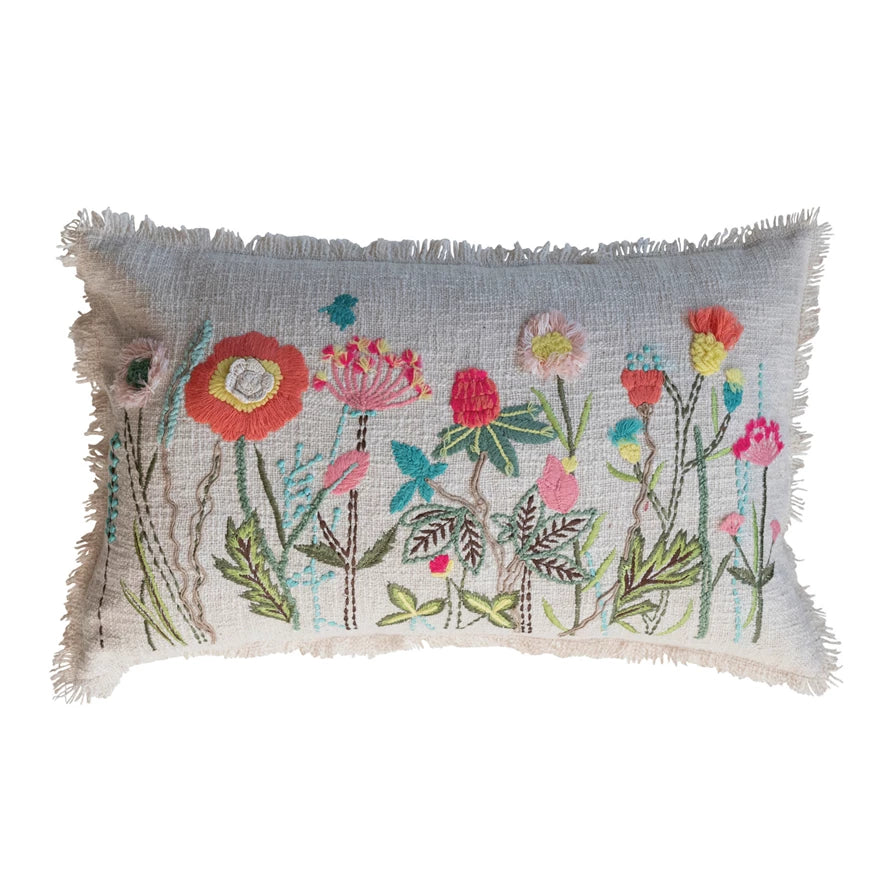 Cotton Slub Embroidered Lumbar Pillow