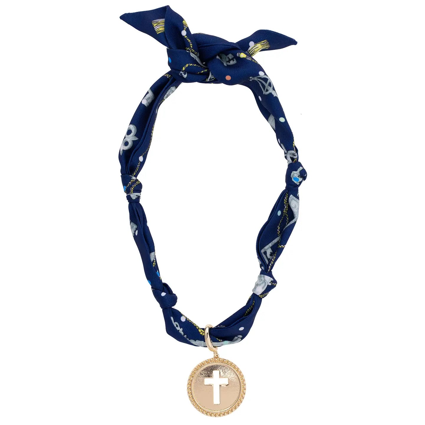 Elodie Cross Coin Scarf Necklace in Navy &amp; Seafoam