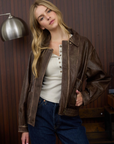 Collared Zip-Up Washed Faux Leather Jacket
